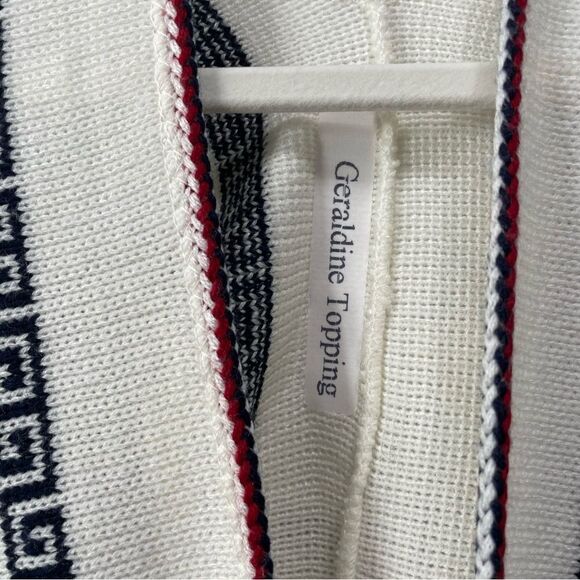 [l] Creme White Knit Holiday Poncho Sweater with Navy Blue & Red Reindeer Print - Picture 14 of 14